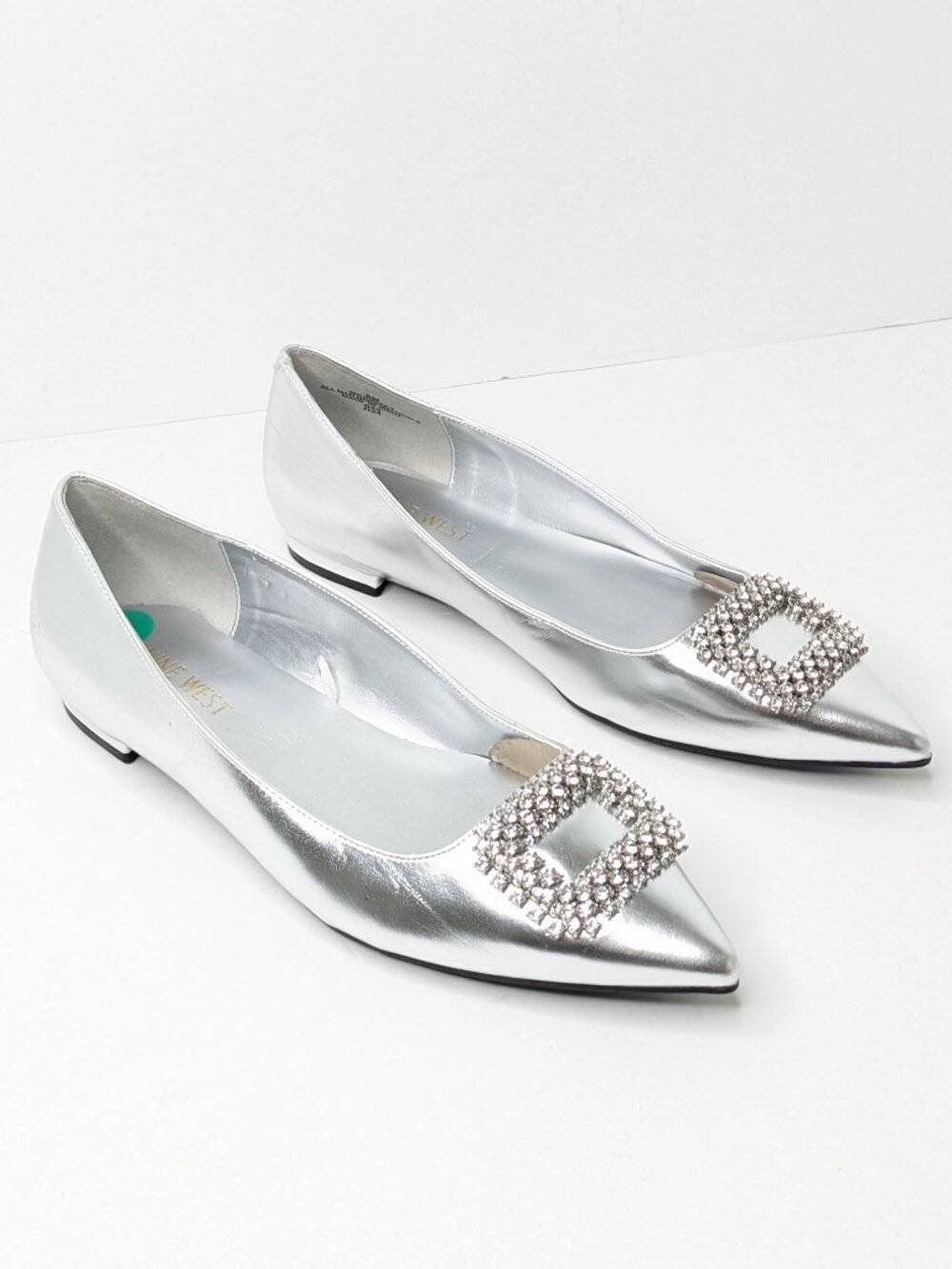 New Nine West Silver Pointed Toe Flats with Rhinestone Buckle